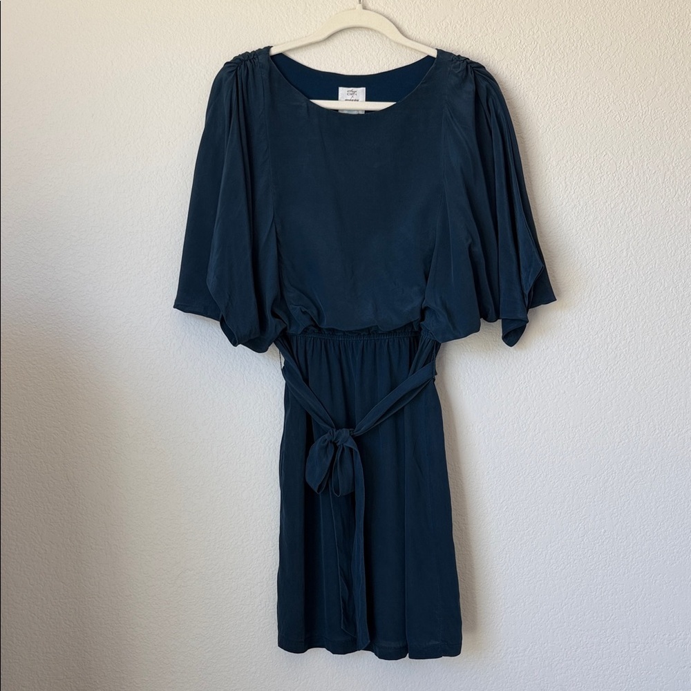 Suzi Chin for Maggy Boutique 100% Silk Navy Mini Dress with Tie Waist - Picture 2 of 13